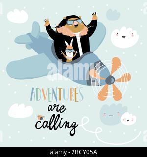Cute bear and rabbit on a plane in the sky Stock Vector