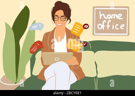 Woman working or chatting on a digital tablet while sitting on the comfortable couch at home. Concept of a freelance and creative work online. Colorful vector illustration in flat cartoon style Stock Vector