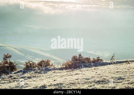 Scenic view over british countryside at frosty autumnal day in Shropshire ,United Kingdom Stock Photo