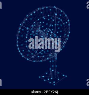 Wireframe of the polygonal satellite dish of blue lines with luminous lights on a dark background. View isometric. Vector illustration. Stock Vector