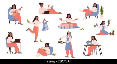 Girl takes care for houseplants, reading book, doing yoga, working, cooking, listening to music, chatting, playing guitar, sewing. Stock Vector