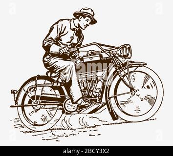 Historic man riding a classic motorcycle. Illustration after an engraving from the early 20th century Stock Vector