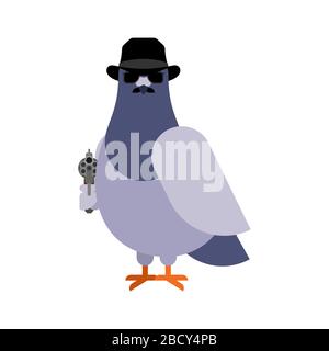 Dove spy. pigeon Secret agent. City bird in hat and with gun Stock Vector