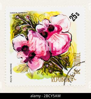 SEATTLE WASHINGTON - April 2, 2020: Close up of Republic of Guinea postage stamp featuring perennial Diascia barberae. Stock Photo