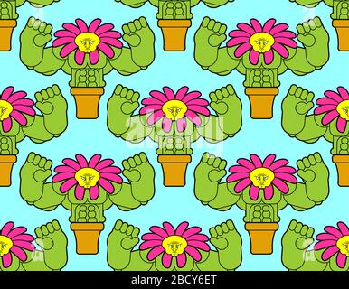 Strong Flower in pot pattern seamless. Powerful Home plant background. herb bodybuilder texture Stock Vector