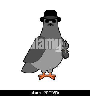 Dove spy. pigeon Secret agent. City bird in hat and with gun Stock Vector