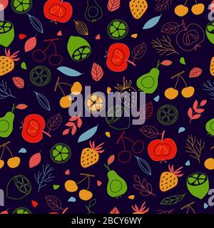 Seamless pattern of colorful fruits on a background in vector graphics. For decorating wallpaper, textile, wrapping paper, pillows, tablecloths Stock Vector