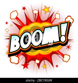 Boom illustration - red explosion, white background Stock Photo