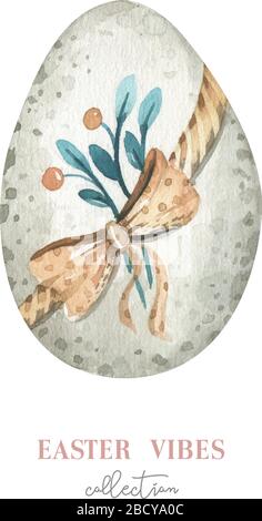 Watercolor happy easter set with flowers, feathers and eggs. Spring holiday decoration. Hand drawn April bohemian design. Stock Vector