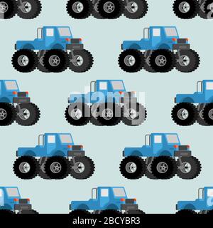 Monster Truck pattern seamless. car on big wheels background. Baby fabric ornament. vector texture Stock Vector