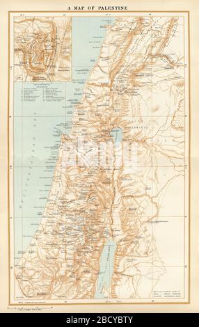 Map of Palestine, published circa1881, with Jerusalem insert, a restored reproduction. Cites many place names and landmarks, valuable for historical reference. Stock Photo