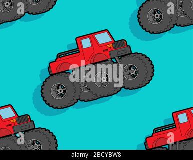 Monster Truck pattern seamless. car on big wheels background. Baby fabric ornament. vector texture Stock Vector