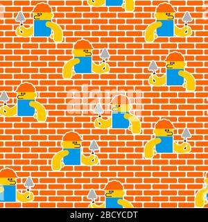 Builder and brick wall pattern seamless. Erector and wall background. Building texture. Stock Vector