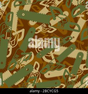 Chainsaw Military pattern seamless. lumberjack Tool army background. Green protective texture. Hunter soldier ornament Stock Vector