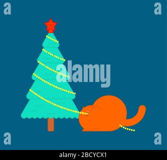 Cat eats garland on Christmas tree. Xmas and New Year vector illustration Stock Vector