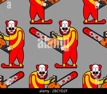 Clown and Chainsaws pattern seamless. Horror Halloween background. vector texture Stock Vector