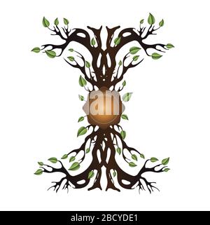 Tree with seal, roots and leaves, bio life force vector Stock Vector
