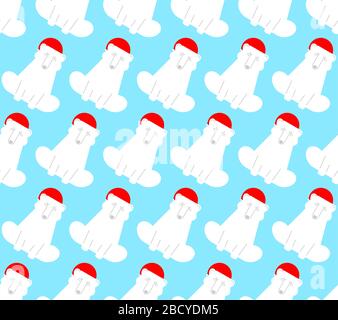 Polar Bear Santa Claus pattern seamless. Christmas and New Year background. Baby fabric xmas ornament Stock Vector