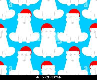Polar Bear Santa Claus pattern seamless. Christmas and New Year background. Baby fabric xmas ornament Stock Vector