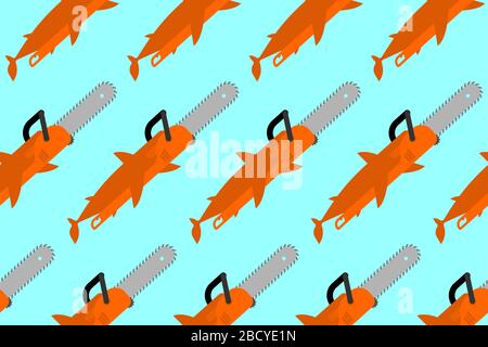 Chainsaw Fish pattern seamless. Funny fish tool background. vector texture Stock Vector