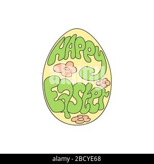 Happy Easter text lettering in cartoon paschal egg on white background. Vector illustration of cute colorful greeting card in Easter egg shape Stock Vector