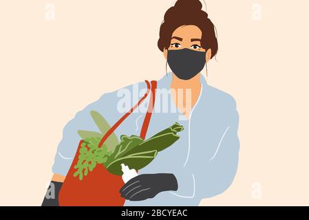 Young woman in medical mask and gloves standing with shopping bag full of fresh food. Concept of buying food during an epidemic. Colorful vector illustration in flat cartoon style Stock Vector