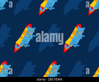Cat jet pack pattern seamless. Pet is on rocket background. Baby fabric ornament. vector texture Stock Vector