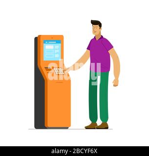 Man at information terminal stand. Business vector illustration Stock Vector