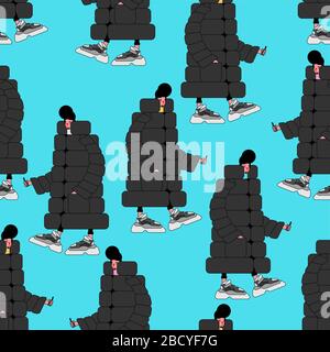 Stylish man pattern seamless. High-soled sneakers and big down jacket background. Russia Street fashion Winter trend 2020. Hipster fashion texture Stock Vector
