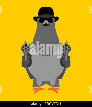 Dove spy. pigeon Secret agent. City bird in hat and with gun Stock Vector