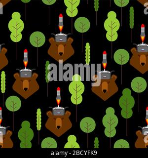 Russian forest pattern seamless. Rocket launch from bear cap. Russian winter cap. Secret weapon of Russia Flying bomb Stock Vector