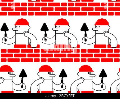 Builder and brick wall pattern seamless. Erector and wall background. Building texture. Stock Vector