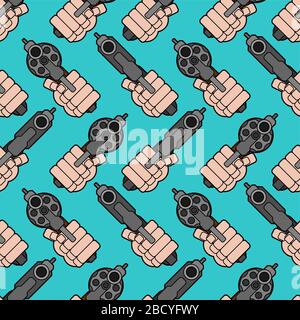 Gun in hand pattern seamless. Fist gun background. vector illustration Stock Vector
