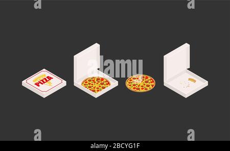 Pizza and box set. Closed and open box. Fast food Vector illustration Stock Vector