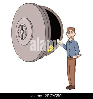 cartoon safe and a bank employee near him invites a client to put money on a deposit. white background isolated stock vector illustration Stock Vector