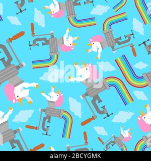 Unicorn in meat grinder pattern seamless. rainbow minced meat background. Magic ornament. vector texture Stock Vector