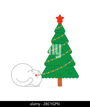 Cat eats garland on Christmas tree. Xmas and New Year vector illustration Stock Vector