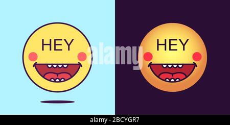 Emoji face icon with phrase Hey. Cheerful emoticon with text Hey. Set of cartoon faces, emotion icon for social media communication, greeting sticker Stock Vector