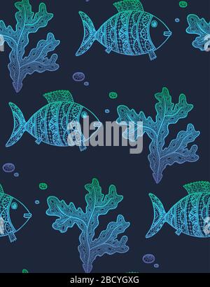 Vector illustration with hand drawn gradient algae and fishes on dark blue background. Marine seamless pattern with seaweeds, fishes and bubbles Stock Vector