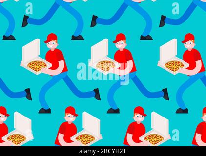 Pizza delivery run pattern seamless. Man runs with pizza box background. vector texture Stock Vector