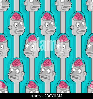 Artificial Intelligence pattern seamless. Robot with brain background. Retro robot head amd brains. vector texture Stock Vector