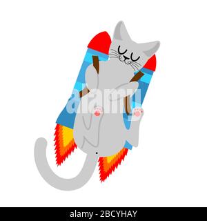 Cat jet pack. Pet is on rocket. vector illustration Stock Vector