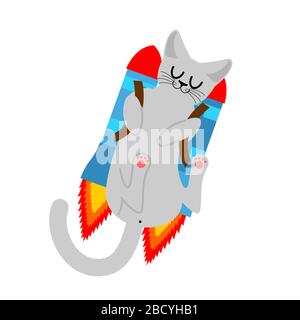 Cat jet pack. Pet is on rocket. vector illustration Stock Vector