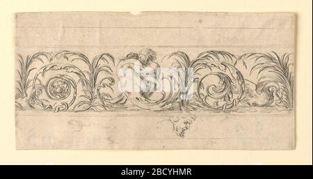 Plate from Frises Feuillages et Grotesques Friezes Foliage and Grotesques. Research in ProgressHorizontal rectangle showing a frieze composed of scrolling arabesques. At center, two lovers with bodies terminating in acanthus leaves embrace. At left, a snake; at right, a swan. Below, a man’s face in profile. Plate from Frises Feuillages et Grotesques Friezes Foliage and Grotesques Stock Photo