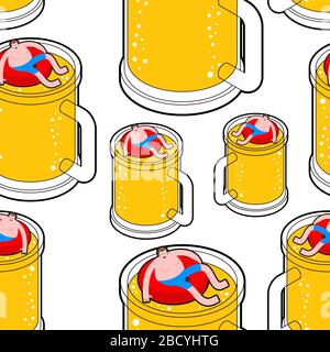 Alcoholic swim in beer pattern seamless. Man swimming inside beer mug. vector background Stock Vector