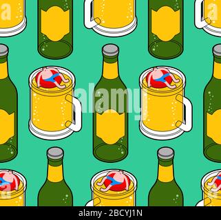 Alcoholic swim in beer pattern seamless. Man swimming inside beer mug. vector background Stock Vector
