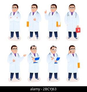Flat doctor male character set on white background. Young Caucasian physician in white coat. Cartoon design people. Face emotions poses gestures facia Stock Vector