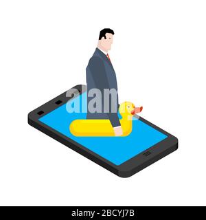 Businessman swim on smartphone. Boss on inflatable ring Stock Vector