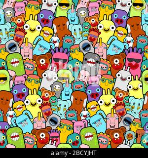 Doodle monster pattern seamless Color. Cartoon character background. vector texture Stock Vector