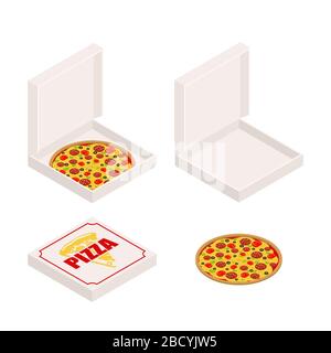 Pizza and box set. Closed and open box. Fast food Vector illustration Stock Vector